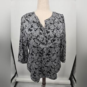 Liz Claiborne Black & White Paisley Popover Top XL (6241)